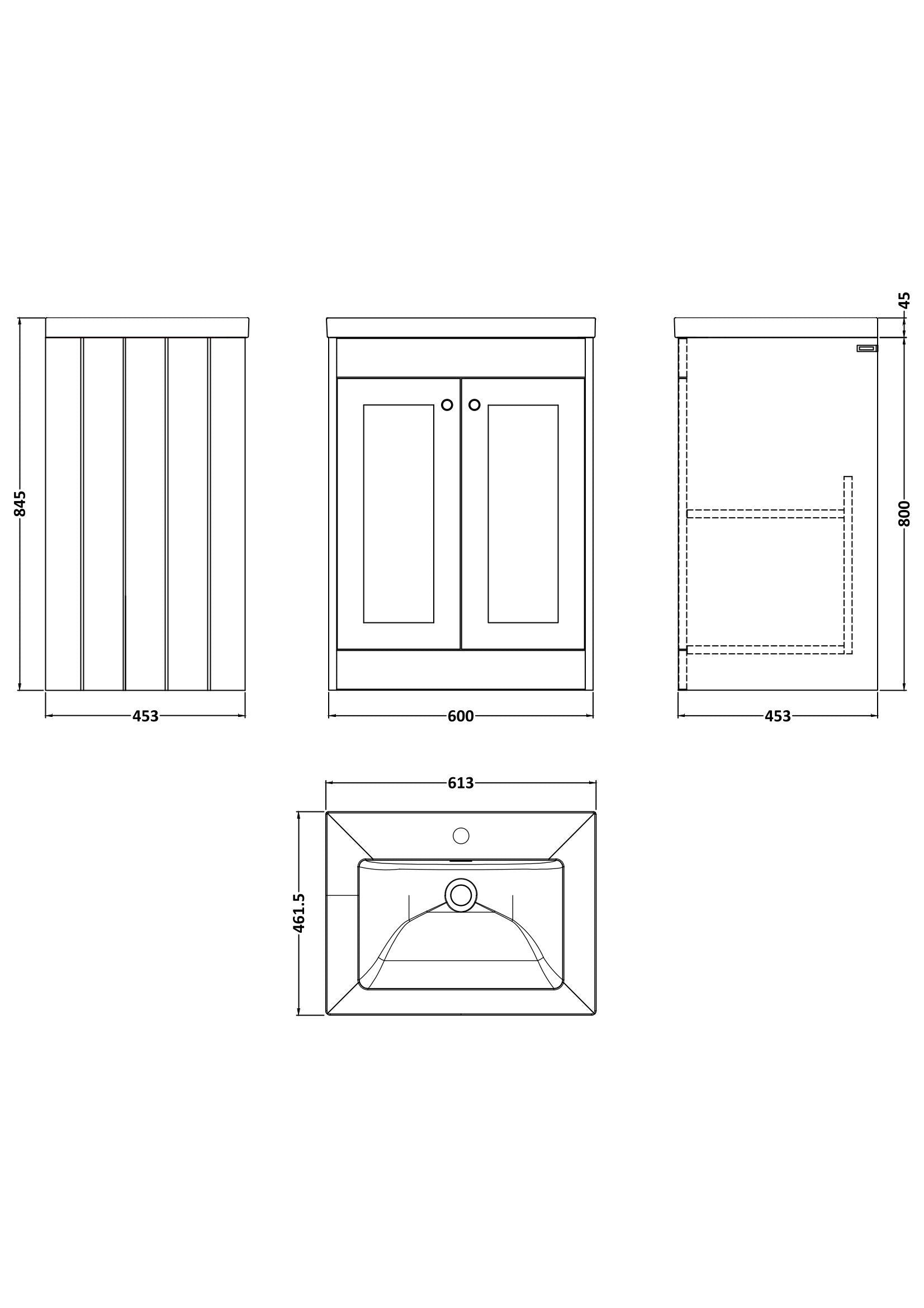 [BFHE225L] Butterton 2 Door Floor Standing Vanity Unit with Minimalist Fireclay Basin 1 Tap Hole - 600mm Satin Grey - Technical Drawing