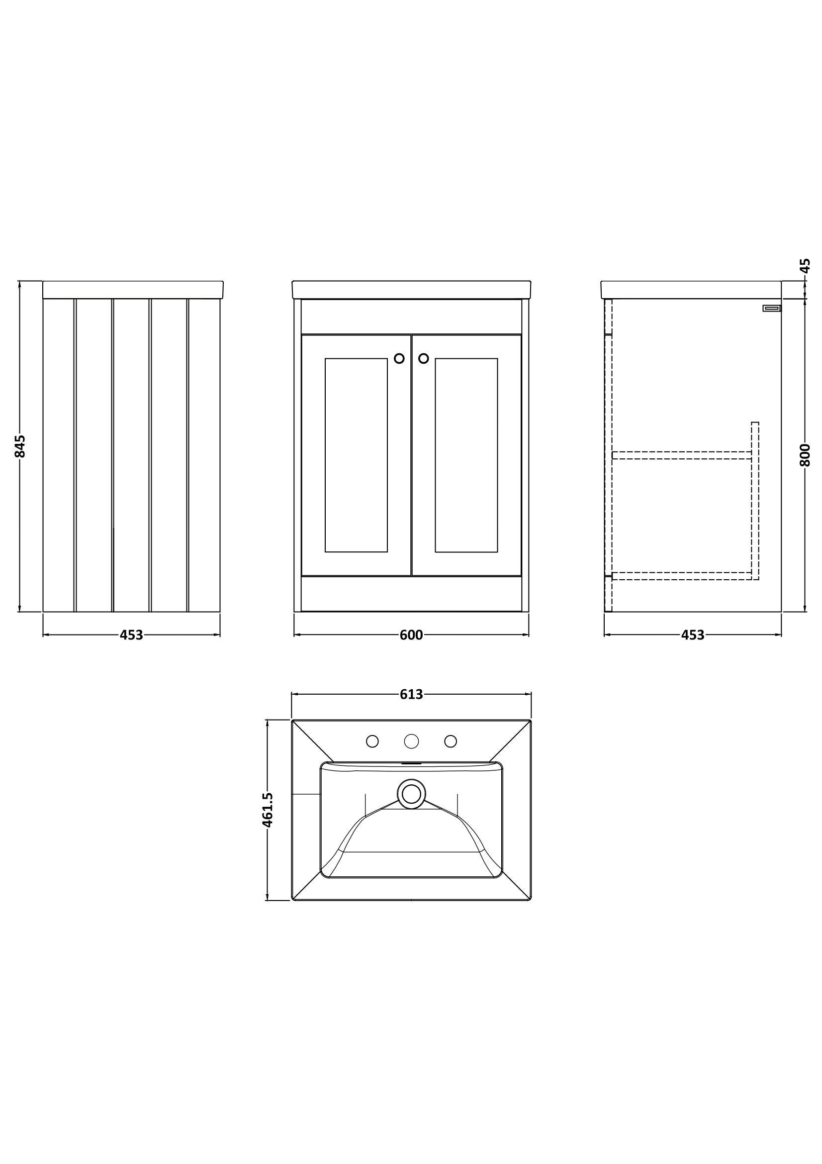 [BFHE225M] Butterton 2 Door Floor Standing Vanity Unit with Minimalist Basin 3 Tap Hole - 600mm Satin Grey - Technical Drawing