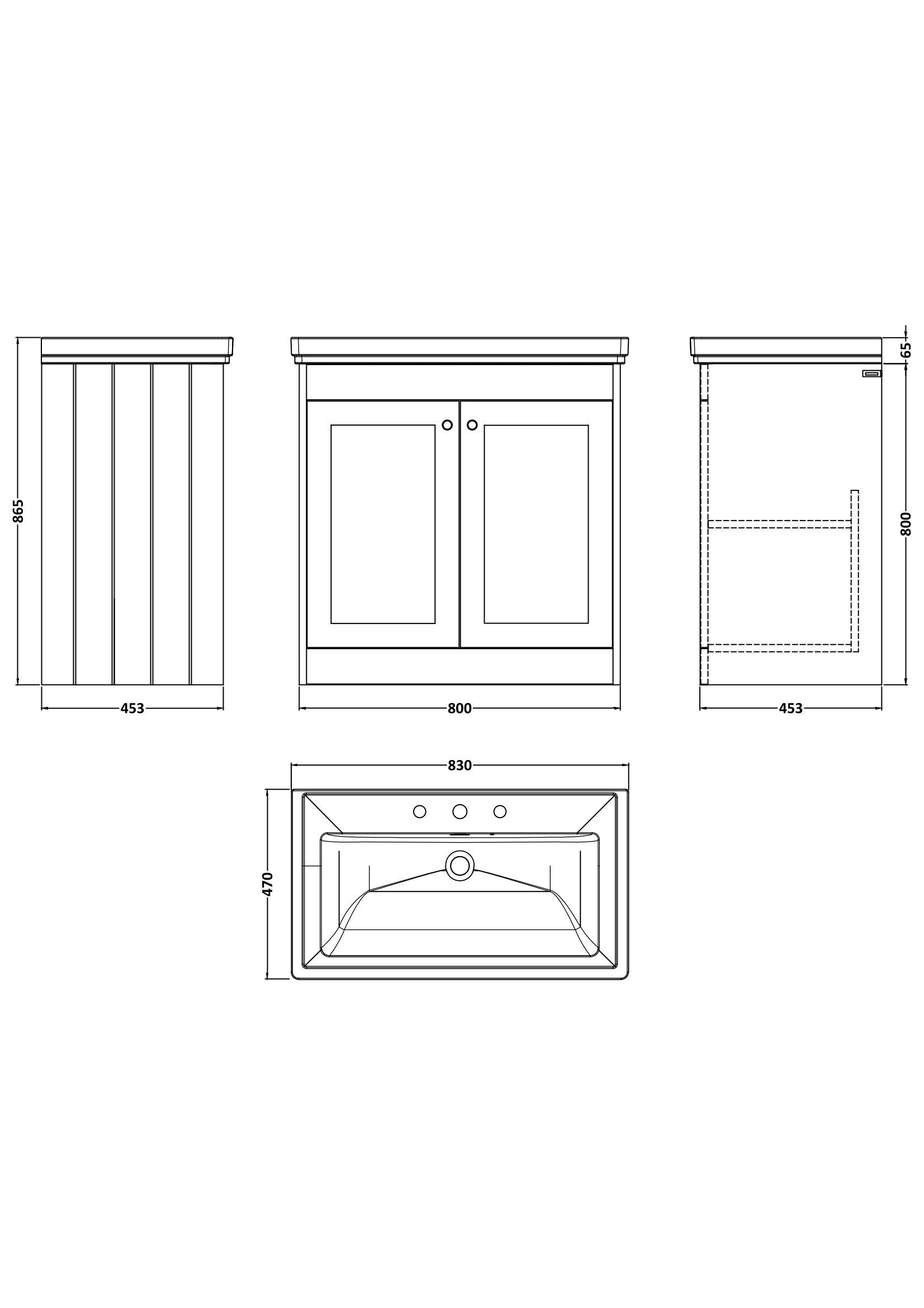 [BFHE226B] Butterton 2 Door Floor Standing Vanity Unit with Classic Basin 3 Tap Hole - 800mm Satin Grey - Technical Drawing