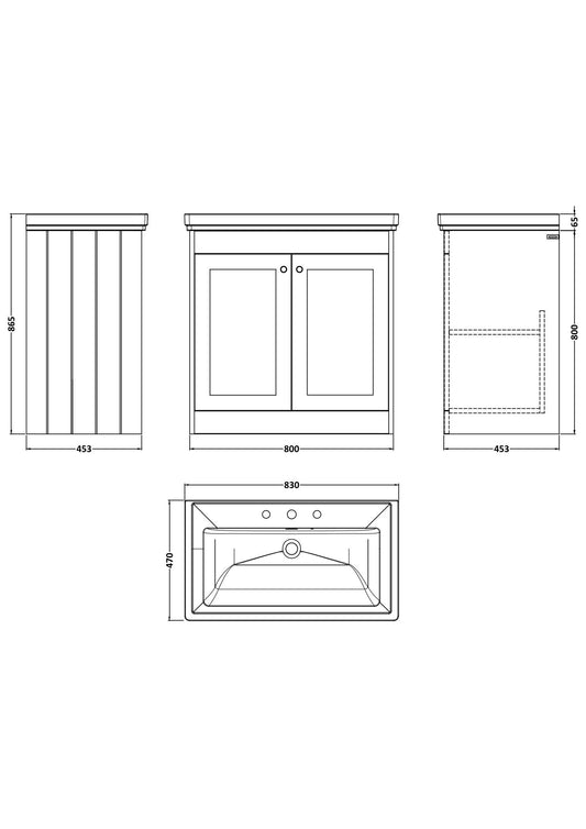 [BFHE226B] Butterton 2 Door Floor Standing Vanity Unit with Classic Basin 3 Tap Hole - 800mm Satin Grey - Technical Drawing