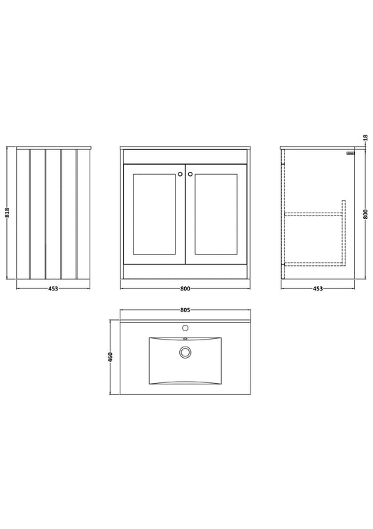 [BFHE226C] Butterton 2 Door Floor Standing Vanity Unit with Minimalist Ceramic Basin 1 Tap Hole - 800mm Satin Grey - Technical Drawing