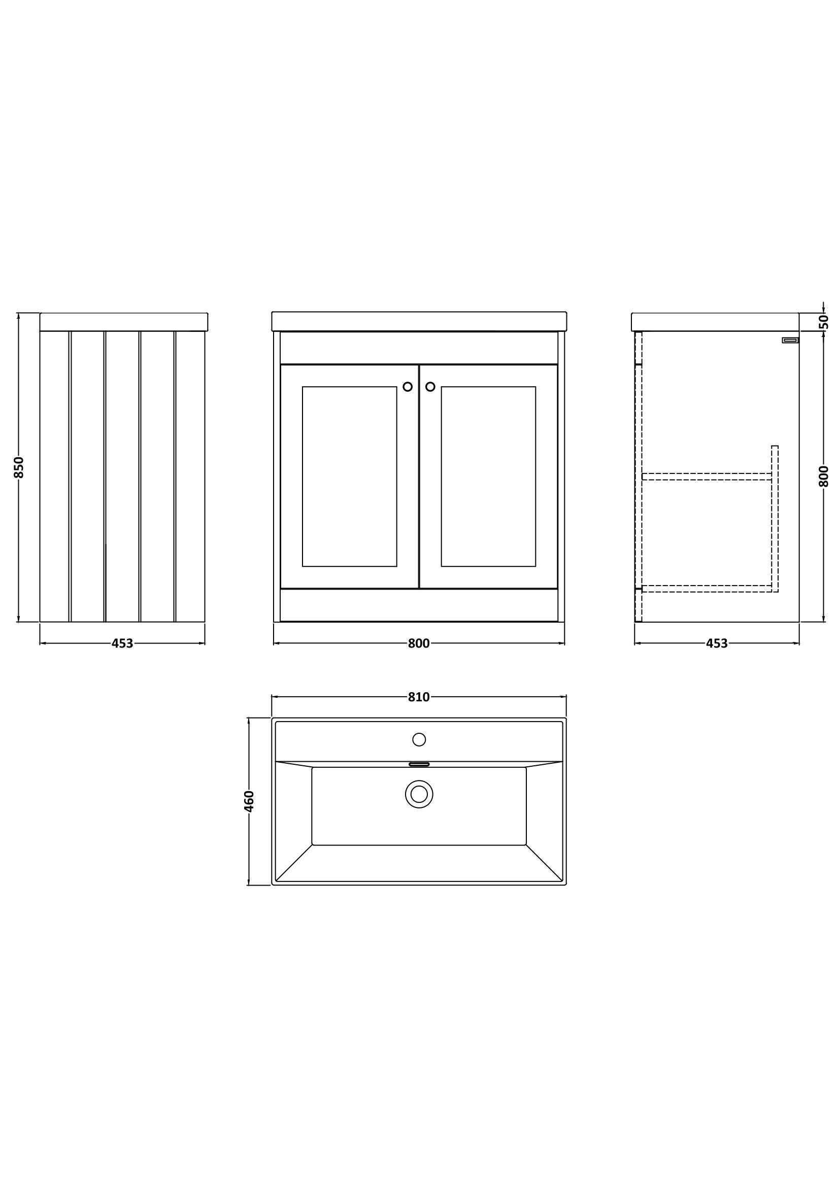 [BFHE226E] Butterton Traditional 2 Door Floor Standing Vanity Unit with Thin-Edge Basin, Satin Grey, 800mm - Technical Drawing