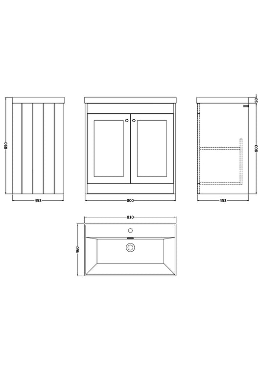 [BFHE226E] Butterton Traditional 2 Door Floor Standing Vanity Unit with Thin-Edge Basin, Satin Grey, 800mm - Technical Drawing