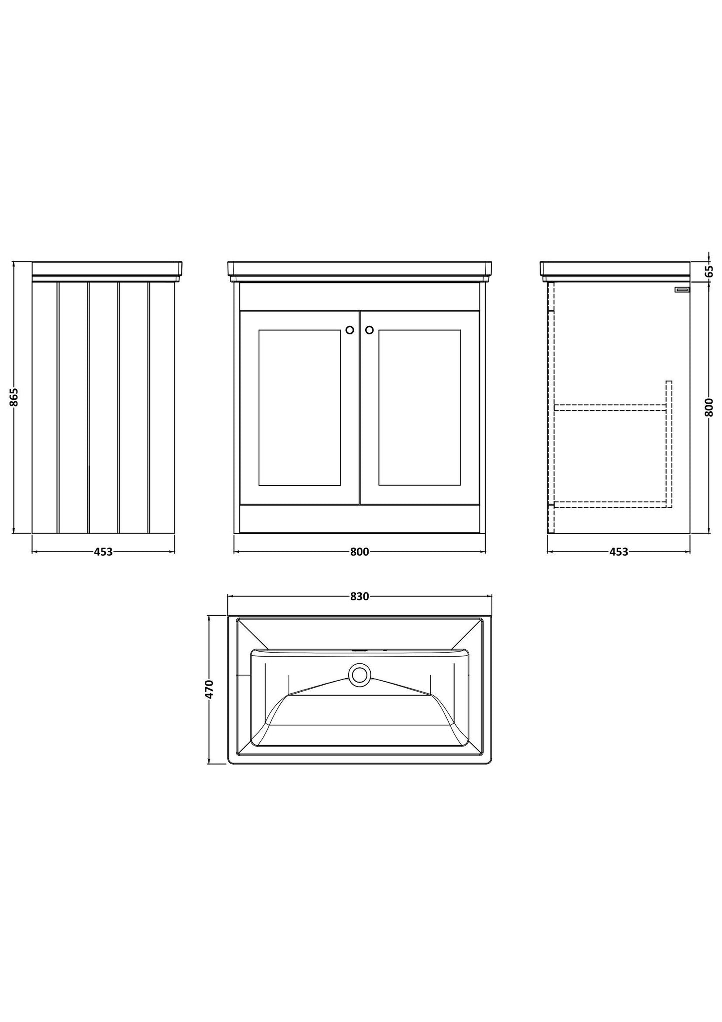 [BFHE226H] Butterton 2 Door Floor Standing Vanity Unit with Classic Basin No Tap Hole - 800mm Satin Grey - Technical Drawing