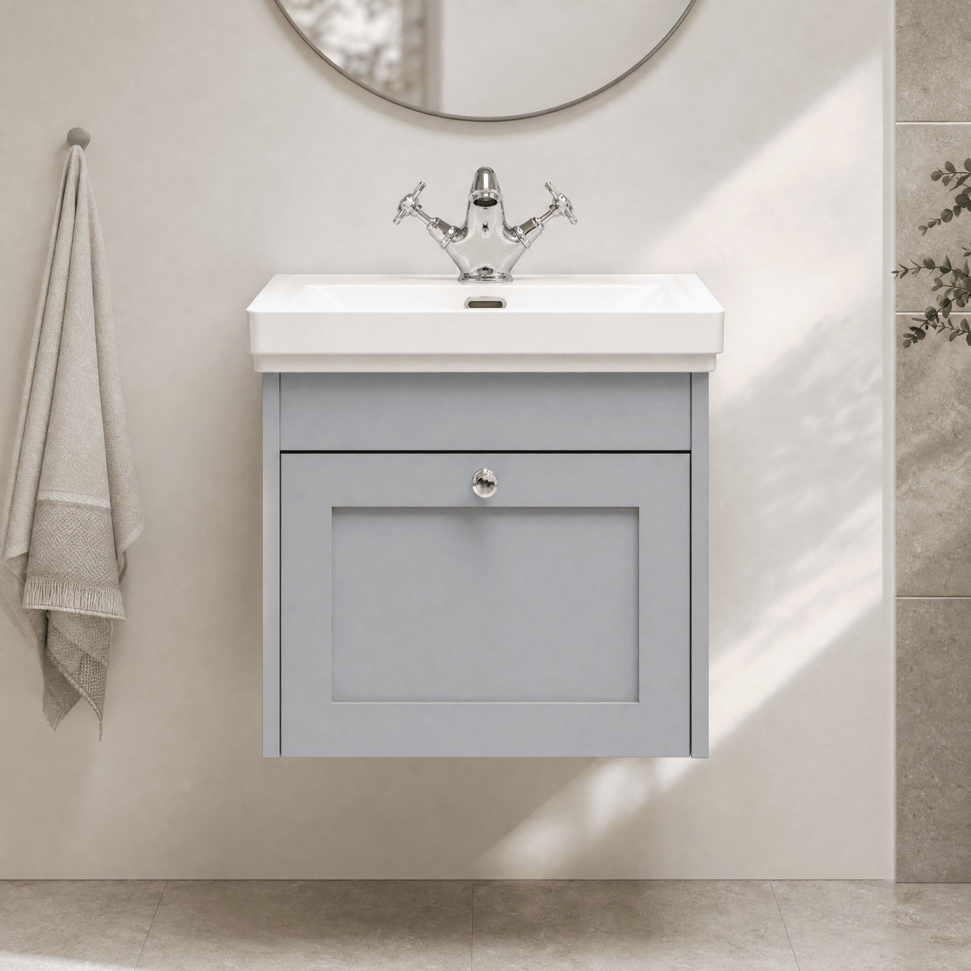 [BFHE291A] Butterton Traditional 1 Drawer Wall Hung Vanity Unit with Classic Basin, Satin Grey, 500mm - Silo