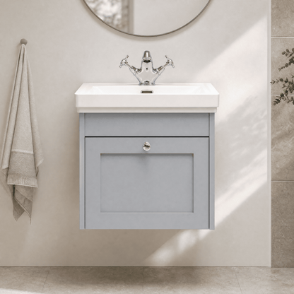 [BFHE291A] Butterton Traditional 1 Drawer Wall Hung Vanity Unit with Classic Basin, Satin Grey, 500mm - Silo