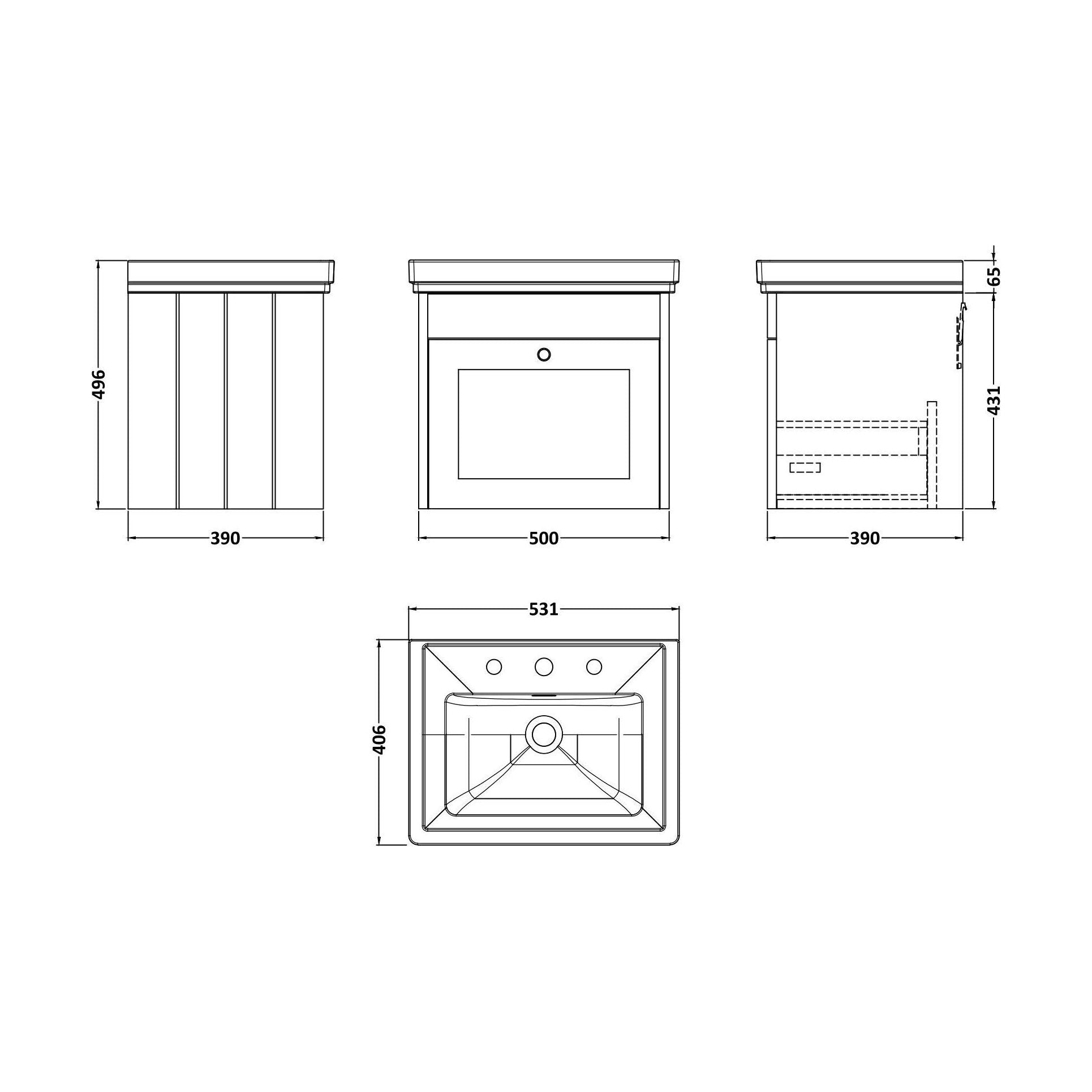 [BFHE291B] Balterley 500mm Wall Hung 1 Drawer Unit with Classic Basin 3 Tap Hole - Satin Grey - Technical Drawing