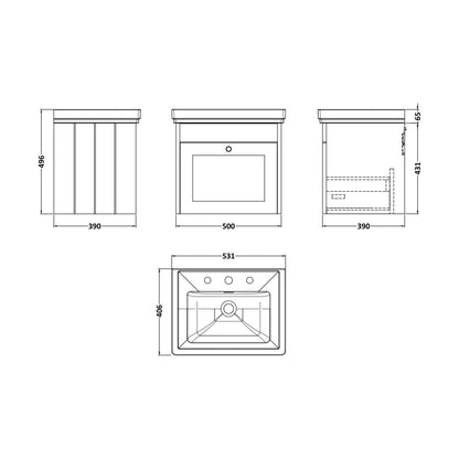 [BFHE291B] Balterley 500mm Wall Hung 1 Drawer Unit with Classic Basin 3 Tap Hole - Satin Grey - Technical Drawing
