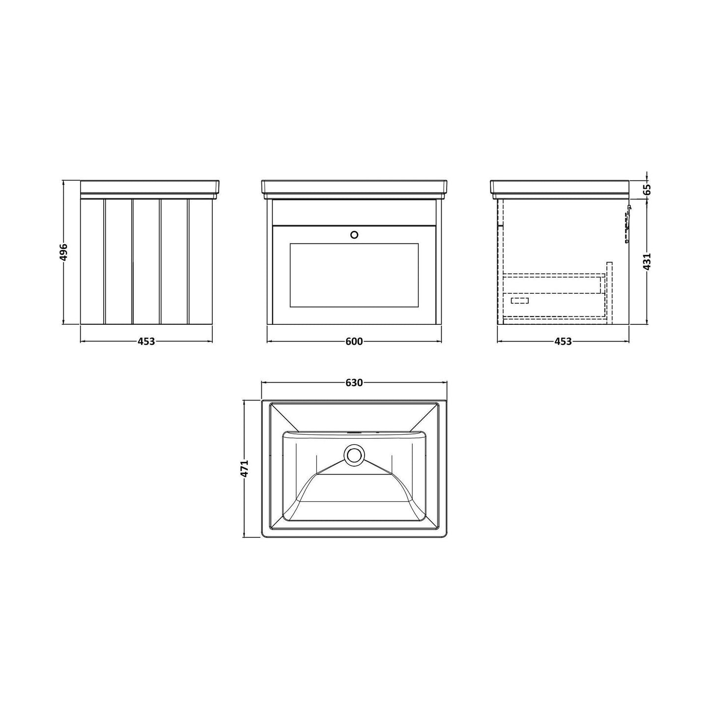 [BFHE294H] Balterley 600mm Wall Hung 1 Drawer Unit with Classic Basin No Tap Hole - Satin Grey - Technical Drawing