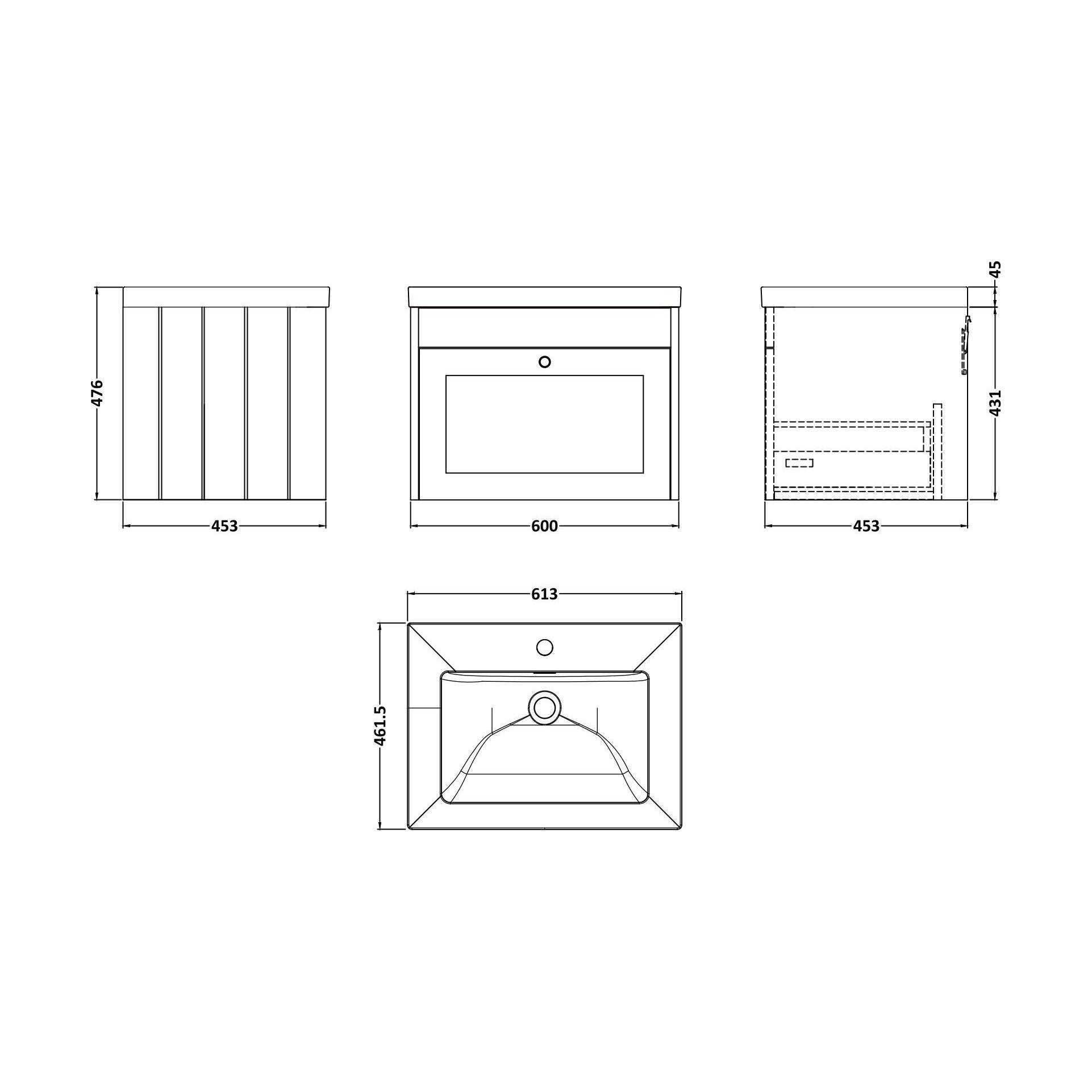[BFHE294L] Balterley 600mm Wall Hung 1 Drawer Unit & Minimalist Basin 1 Tap Hole - Satin Grey - Technical Drawing
