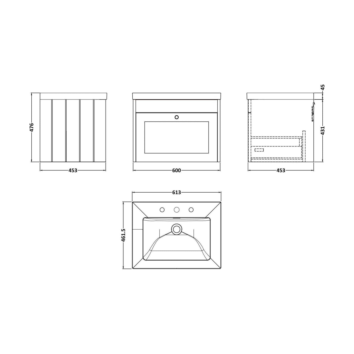 [BFHE294M] Balterley 600mm Wall Hung 1 Drawer Unit with Minimalist Basin 3 Tap Hole - Satin Grey - Technical Drawing
