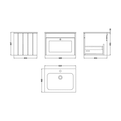 [BFHE294Q] Balterley 600mm Wall Hung 1 Drawer Unit with Stone Basin 1 Tap Hole, Satin Grey - Technical Drawing