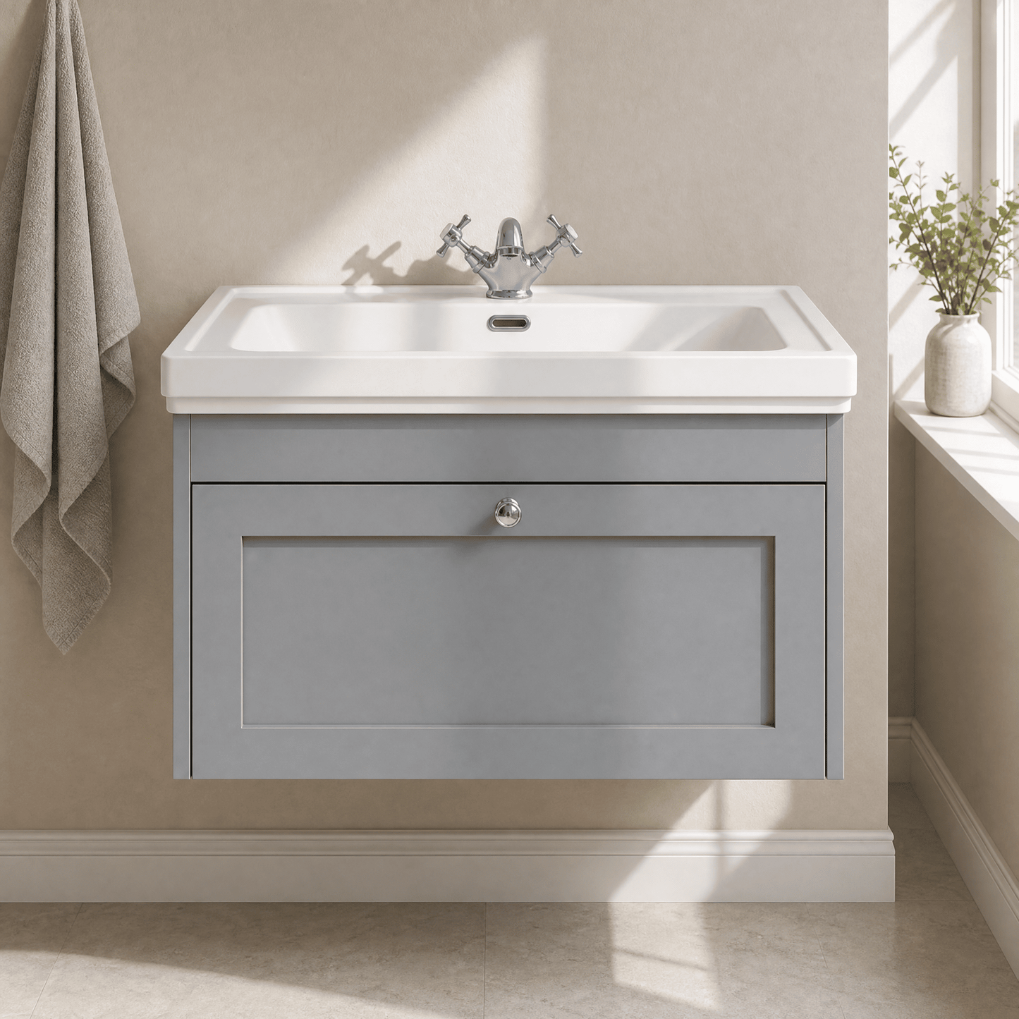 [BFHE296A] Butterton Traditional 1 Drawer Wall Hung Vanity Unit with Classic Basin, Satin Grey, 800mm - Silo