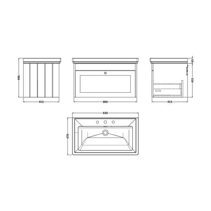 [BFHE296B] Balterley 800mm Wall Hung 1 Drawer Unit with Classic Basin 3 Tap Hole - Satin Grey - Technical Drawing