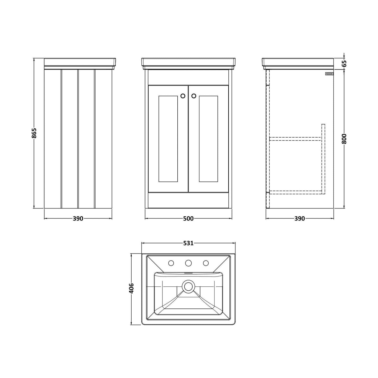 [BFHE3223B] Balterley 500mm Floor Standing 2 Door Unit with Classic Basin 3 Tap Hole - Pebble Grey - Technical Drawing
