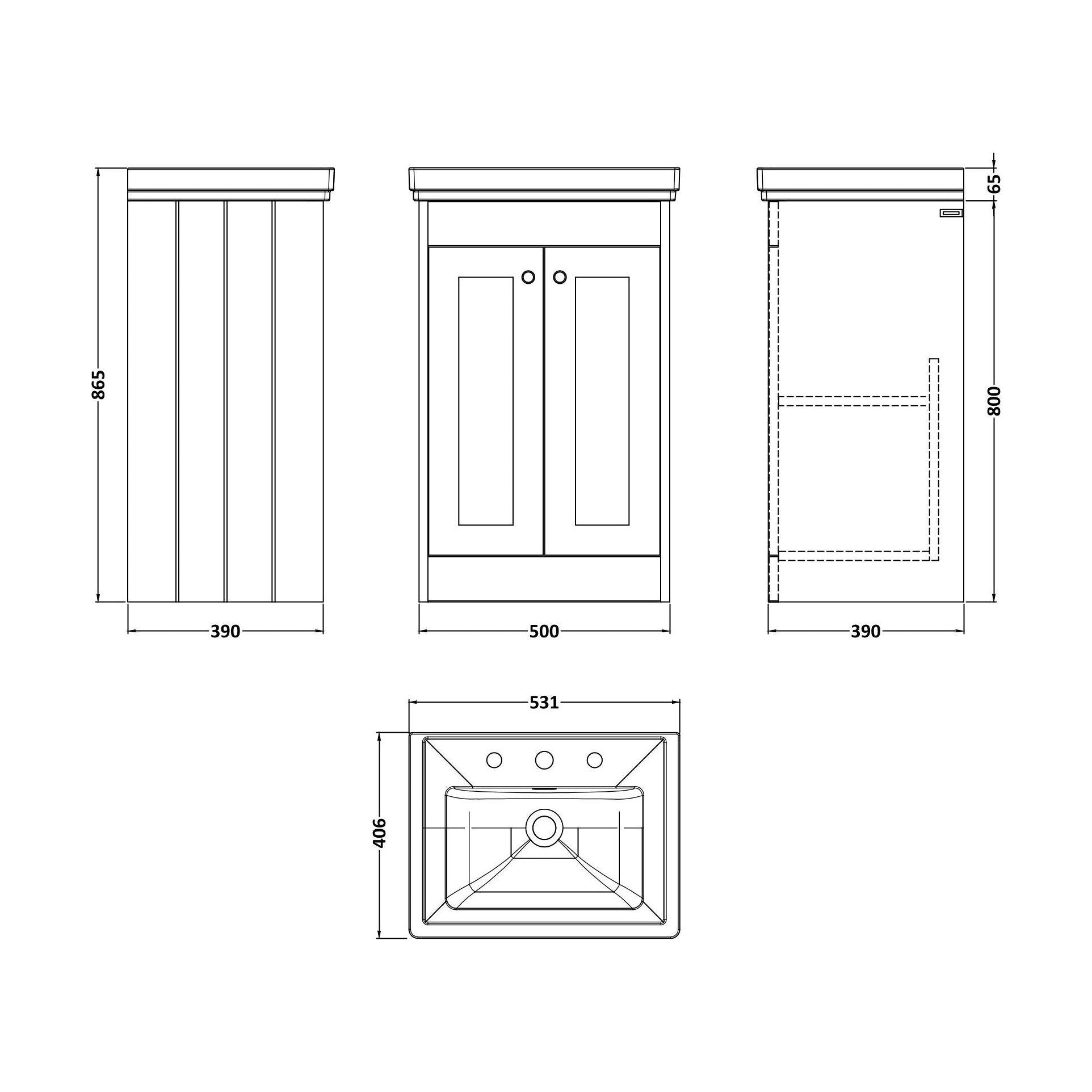 [BFHE3223B] Balterley 500mm Floor Standing 2 Door Unit with Classic Basin 3 Tap Hole - Pebble Grey - Technical Drawing