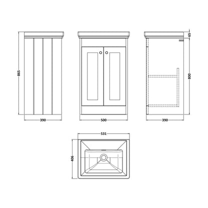 [BFHE3223H] Balterley 500mm Floor Standing 2 Door Unit with Classic Basin No Tap Hole - Pebble Grey - Technical Drawing