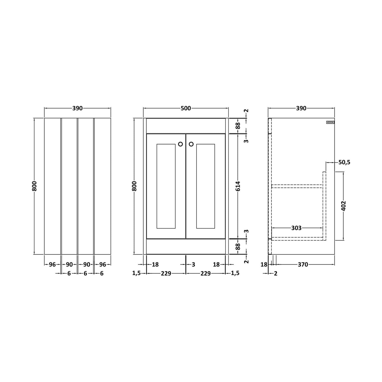 [BFHE3223] 500 F/S 2-Door Unit (800x500x390) - Technical Drawing