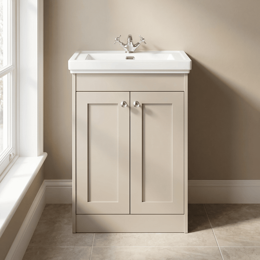[BFHE3225A] Butterton Floor Standing 2 Door Vanity Unit with Classic Basin 1 Tap Hole, 600mm - Pebble Grey - Silo