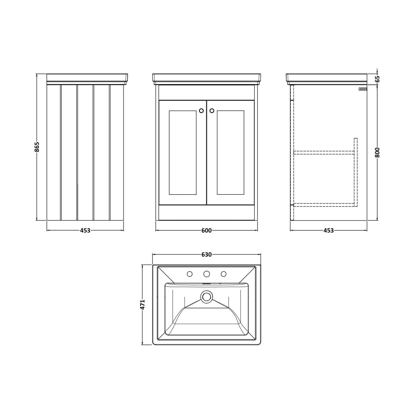 [BFHE3225B] Balterley 600mm Floor Standing 2 Door Unit with Classic Basin 3 Tap Hole - Pebble Grey - Technical Drawing