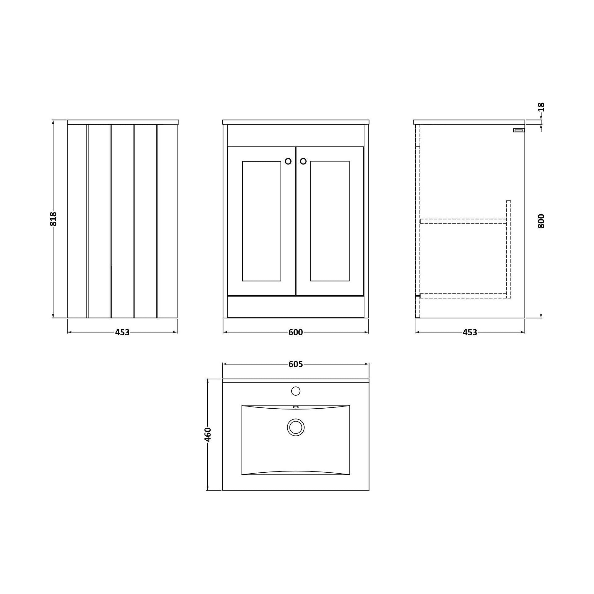 [BFHE3225C] Balterley 600mm Floor Standing 2 Door Unit with Minimalist Basin 1 Tap Hole - Pebble Grey - Technical Drawing