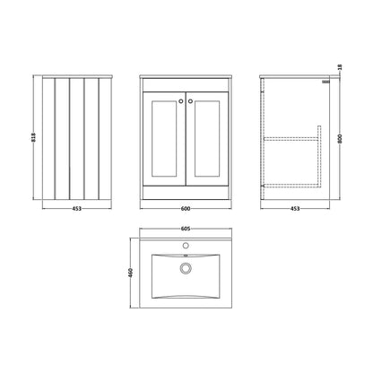 [BFHE3225C] Balterley 600mm Floor Standing 2 Door Unit with Minimalist Basin 1 Tap Hole - Pebble Grey - Technical Drawing