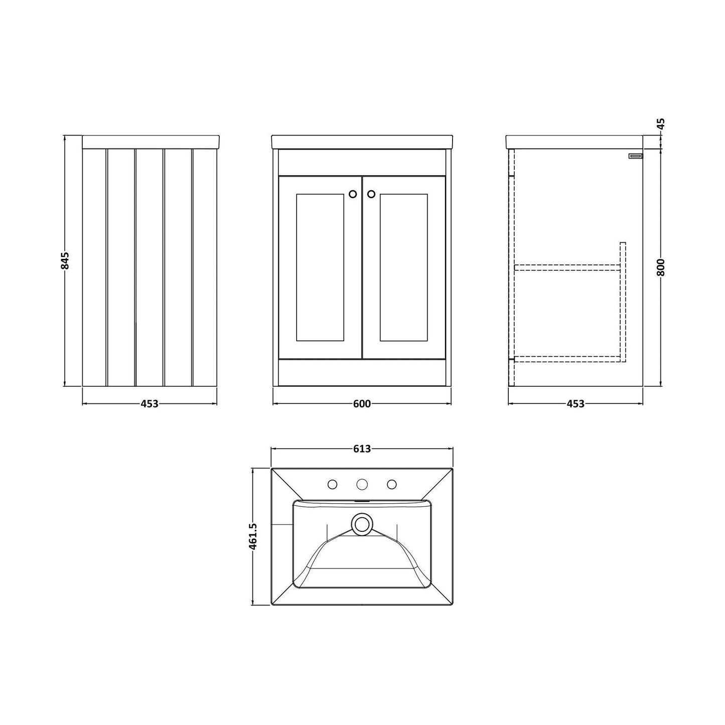 [BFHE3225M] Balterley 600mm Floor Standing 2 Door Unit with Minimalist Basin 3 Tap Hole - Pebble Grey - Technical Drawing