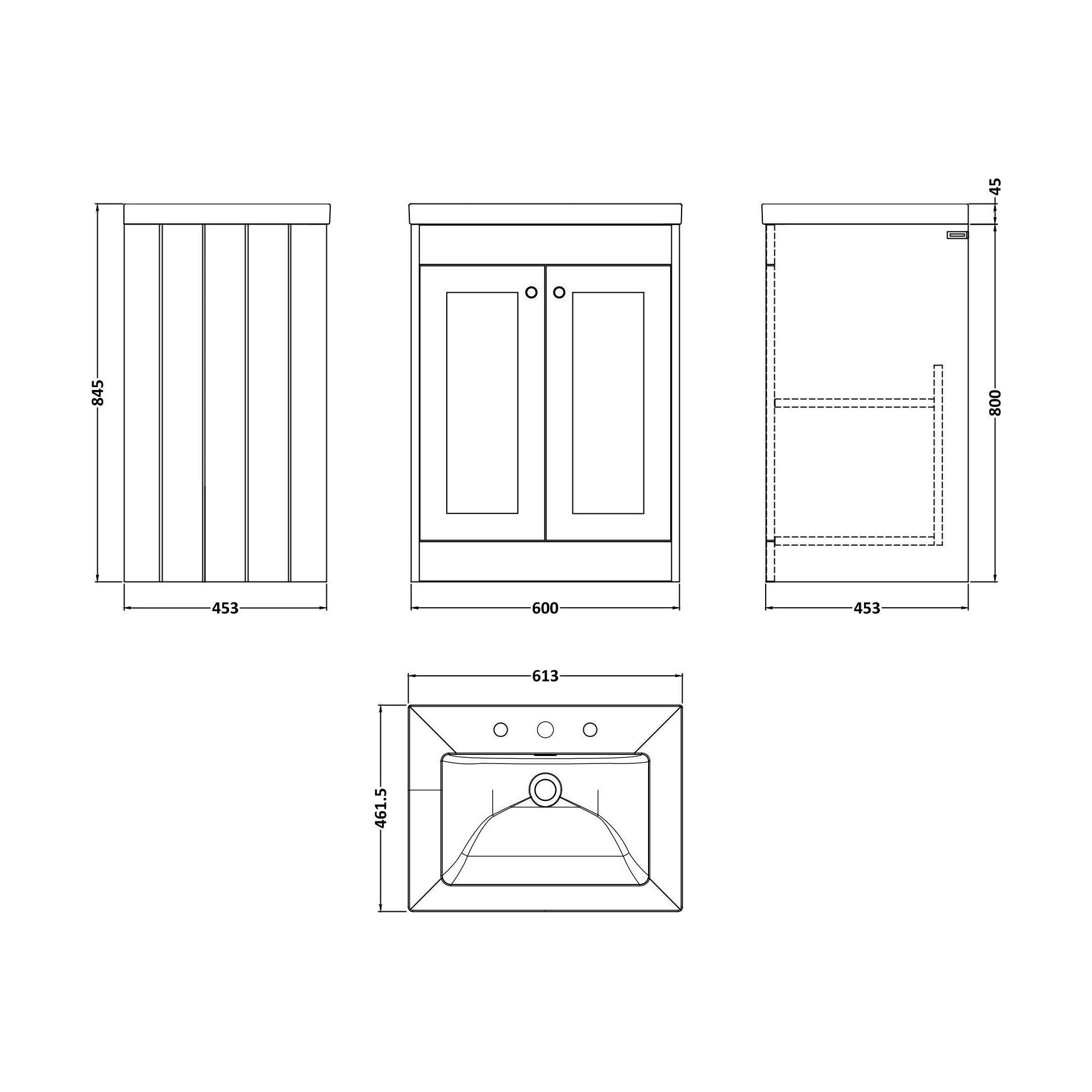 [BFHE3225M] Balterley 600mm Floor Standing 2 Door Unit with Minimalist Basin 3 Tap Hole - Pebble Grey - Technical Drawing