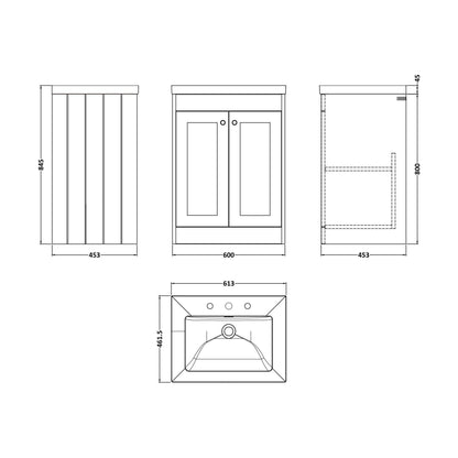 [BFHE3225M] Balterley 600mm Floor Standing 2 Door Unit with Minimalist Basin 3 Tap Hole - Pebble Grey - Technical Drawing