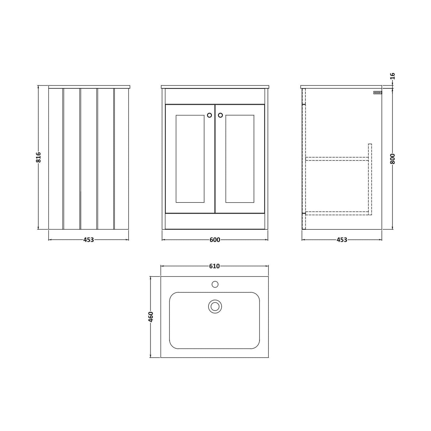 [BFHE3225P] Balterley 600mm Floor Standing 2 Door Unit with Stone Basin 1 Tap Hole - Pebble Grey - Technical Drawing