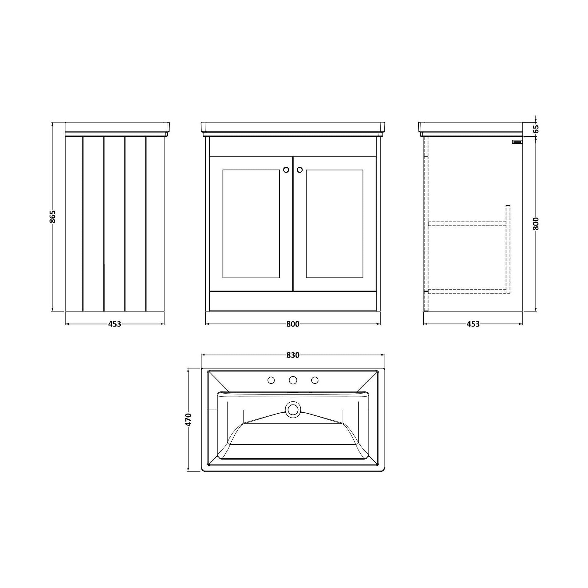 [BFHE3226B] Balterley 800mm Floor Standing 2 Door Unit with Classic Basin 3 Tap Hole - Pebble Grey - Technical Drawing