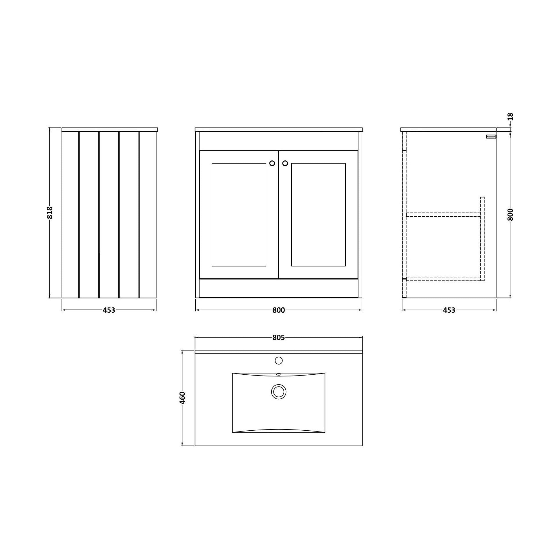 [BFHE3226C] Balterley 800mm Floor Standing 2 Door Unit with Minimalist Basin 1 Tap Hole - Pebble Grey - Technical Drawing
