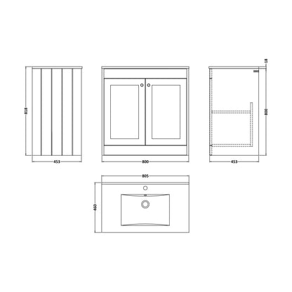 [BFHE3226C] Balterley 800mm Floor Standing 2 Door Unit with Minimalist Basin 1 Tap Hole - Pebble Grey - Technical Drawing