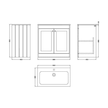 [BFHE3226Q] Balterley 800mm Floor Standing 2 Door Unit & Stone Basin 1 Tap Hole - Pebble Grey - Technical Drawing