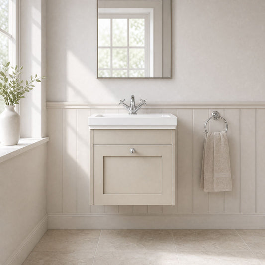 [BFHE3291A] Butterton Traditional 1 Drawer Wall Hung Vanity Unit with Classic Basin, Pebble Grey, 500mm - Silo