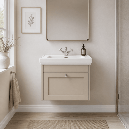[BFHE3294A] Butterton Traditional 1 Drawer Wall Hung Vanity Unit with Classic Basin, Pebble Grey, 600mm - Silo