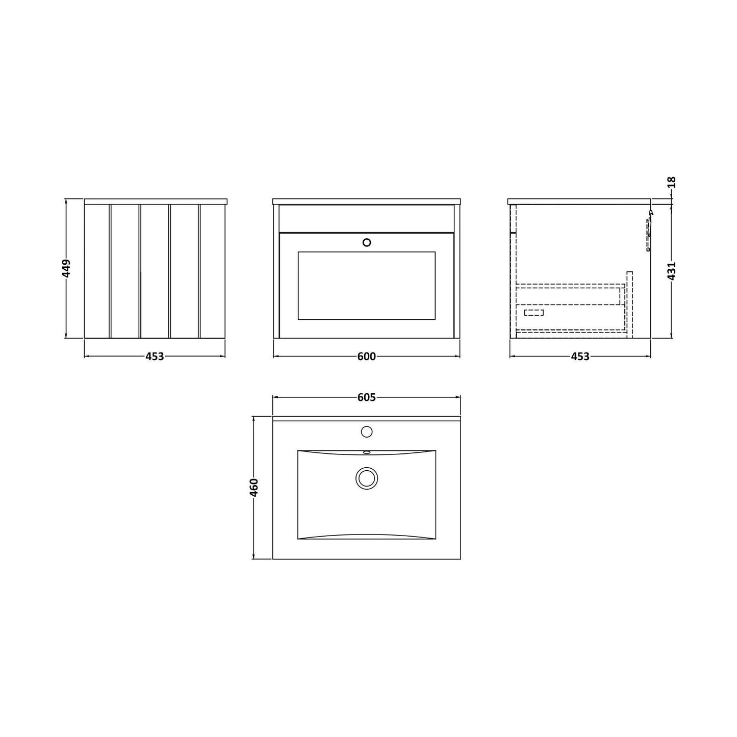 [BFHE3294C] Balterley 600mm Wall Hung 1 Drawer Unit with Minimalist Basin 1 Tap Hole - Pebble Grey - Technical Drawing