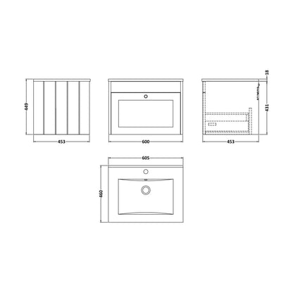 [BFHE3294C] Balterley 600mm Wall Hung 1 Drawer Unit with Minimalist Basin 1 Tap Hole - Pebble Grey - Technical Drawing