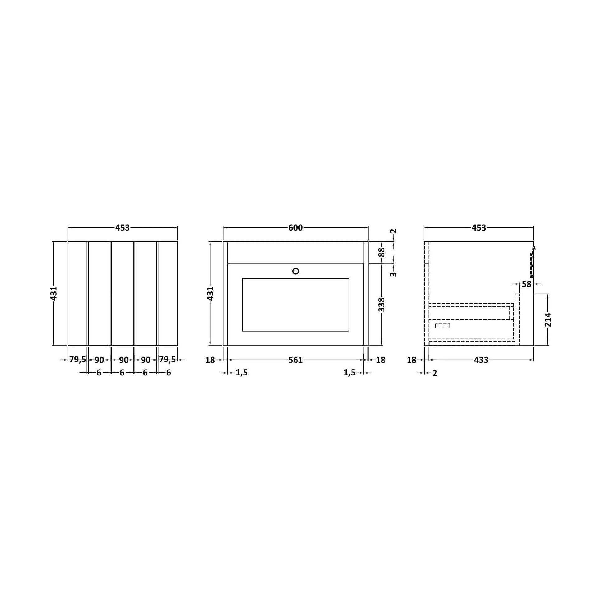 [BFHE3294] 600 W/H 1-Drawer Unit (431x600x453) - Technical Drawing