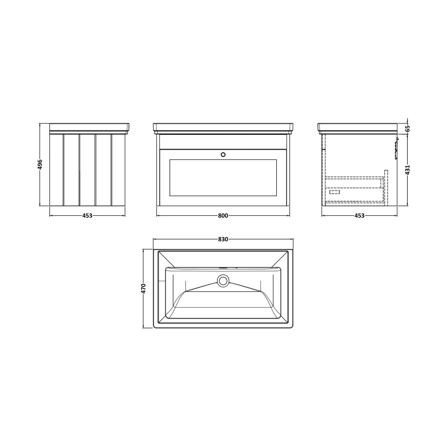 [BFHE3296H] Balterley 800mm Wall Hung 1 Drawer Unit with Classic Basin No Tap Hole - Pebble Grey - Technical Drawing