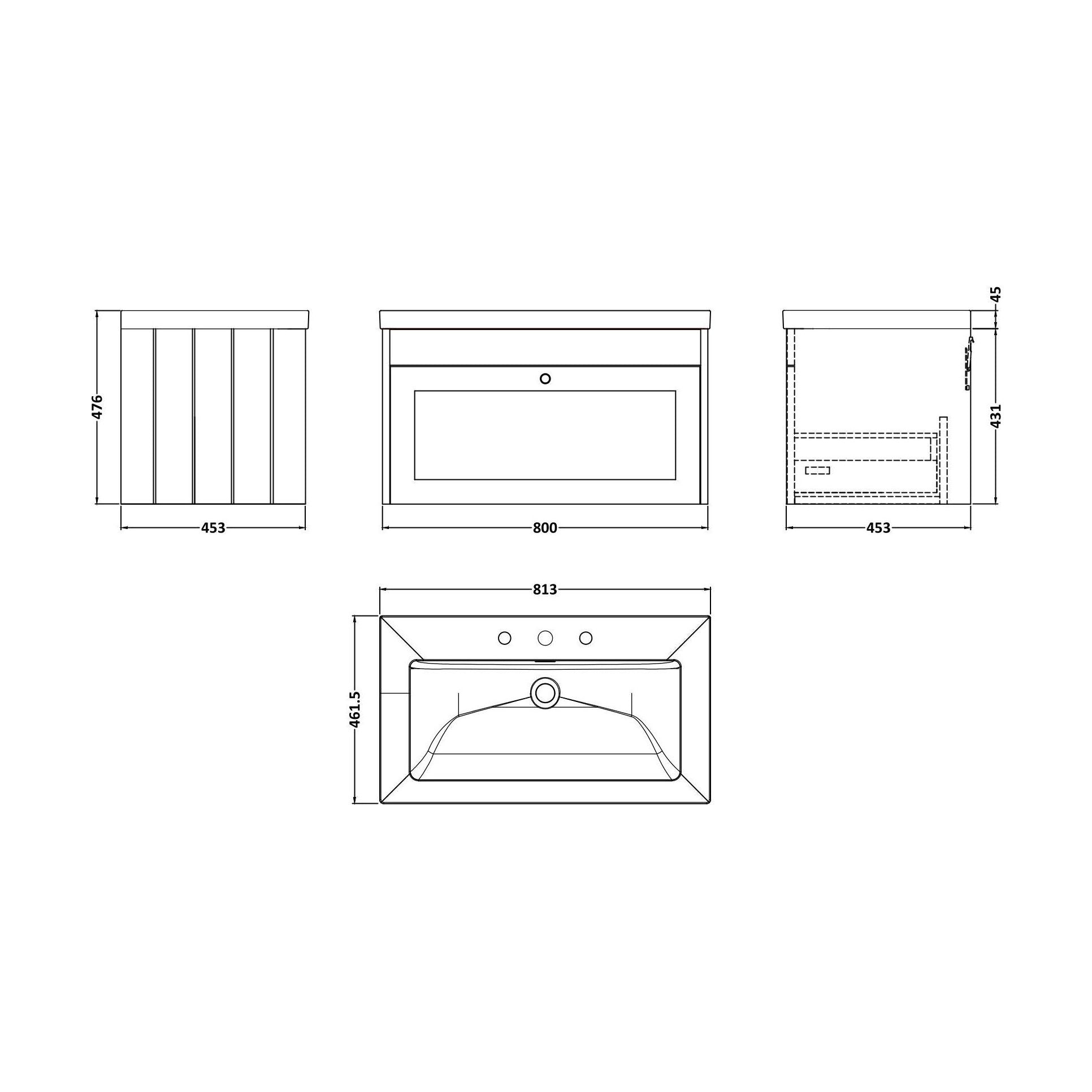 [BFHE3296M] Balterley 800mm Wall Hung 1 Drawer Unit with Minimalist Basin 3 Tap Hole - Pebble Grey - Technical Drawing