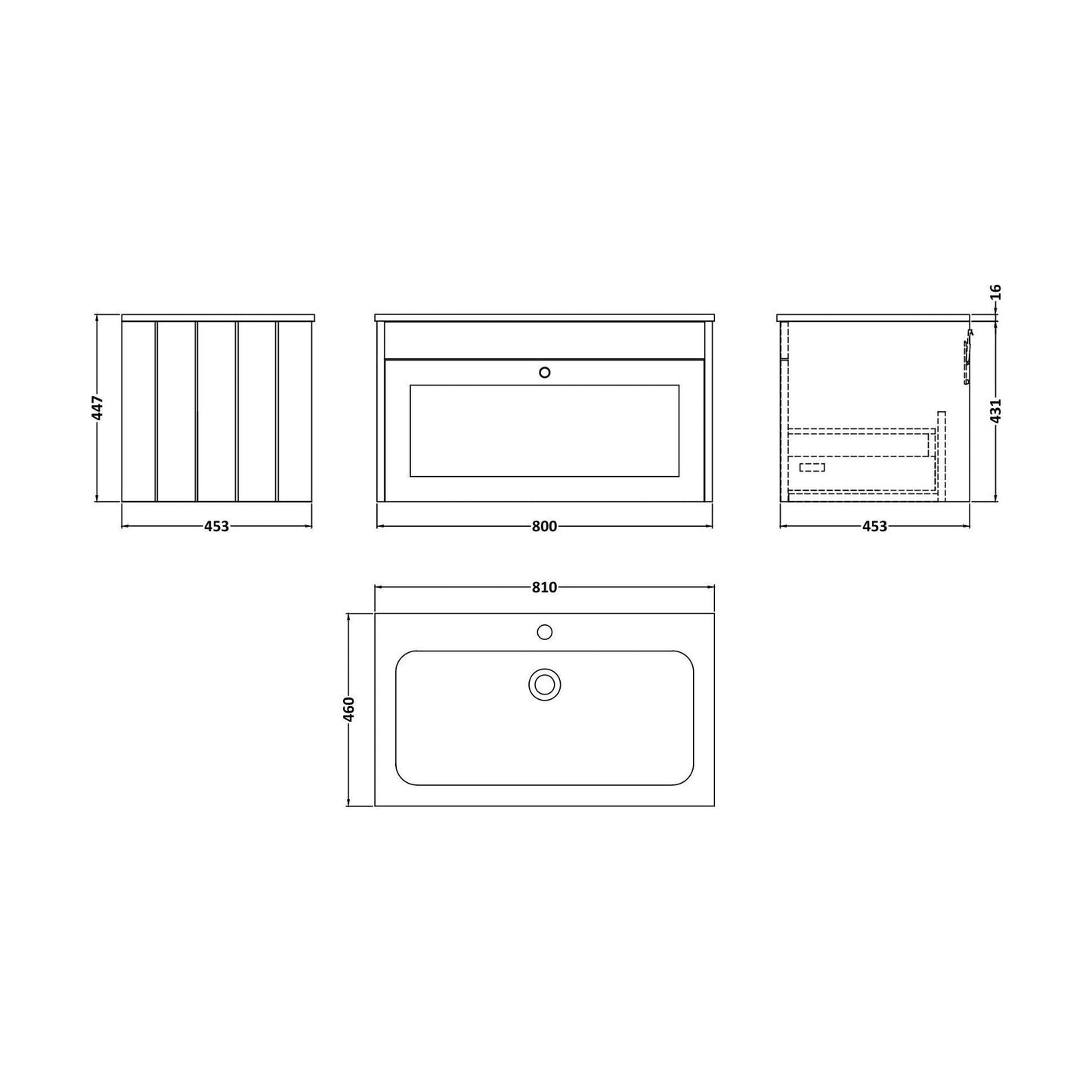 [BFHE3296P] Balterley 800mm Wall Hung 1 Drawer Unit with Stone Basin 1 Tap Hole - Pebble Grey - Technical Drawing