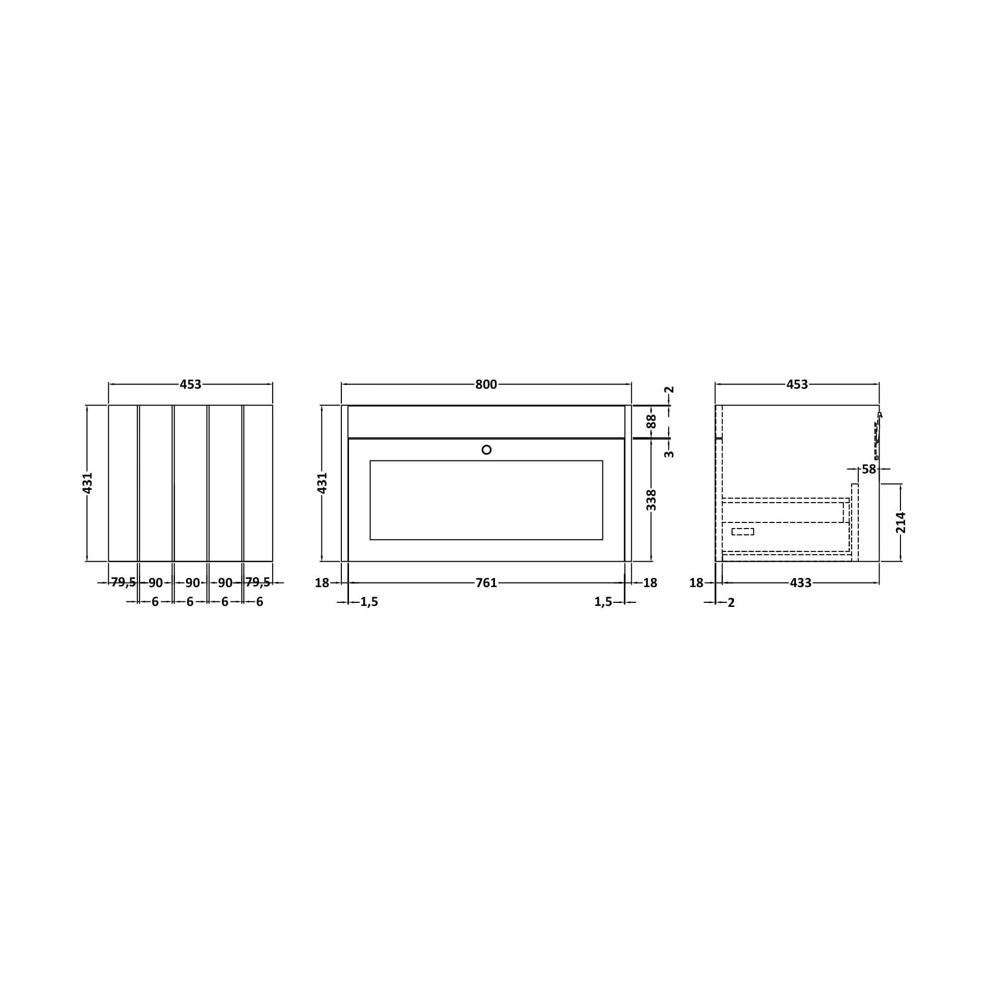 [BFHE3296] 800 W/H 1-Drawer Unit (431x800x453) - Technical Drawing