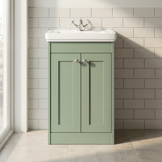 [BFHE823A] Butterton Floor Standing 2 Door Vanity Unit with Classic Basin 1 Tap Hole, 500mm - Satin Green - Silo