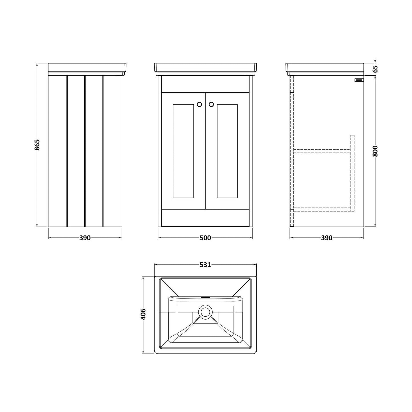 [BFHE823H] Balterley 500mm Floor Standing 2 Door Unit with Classic Basin No Tap Hole - Satin Green - Technical Drawing