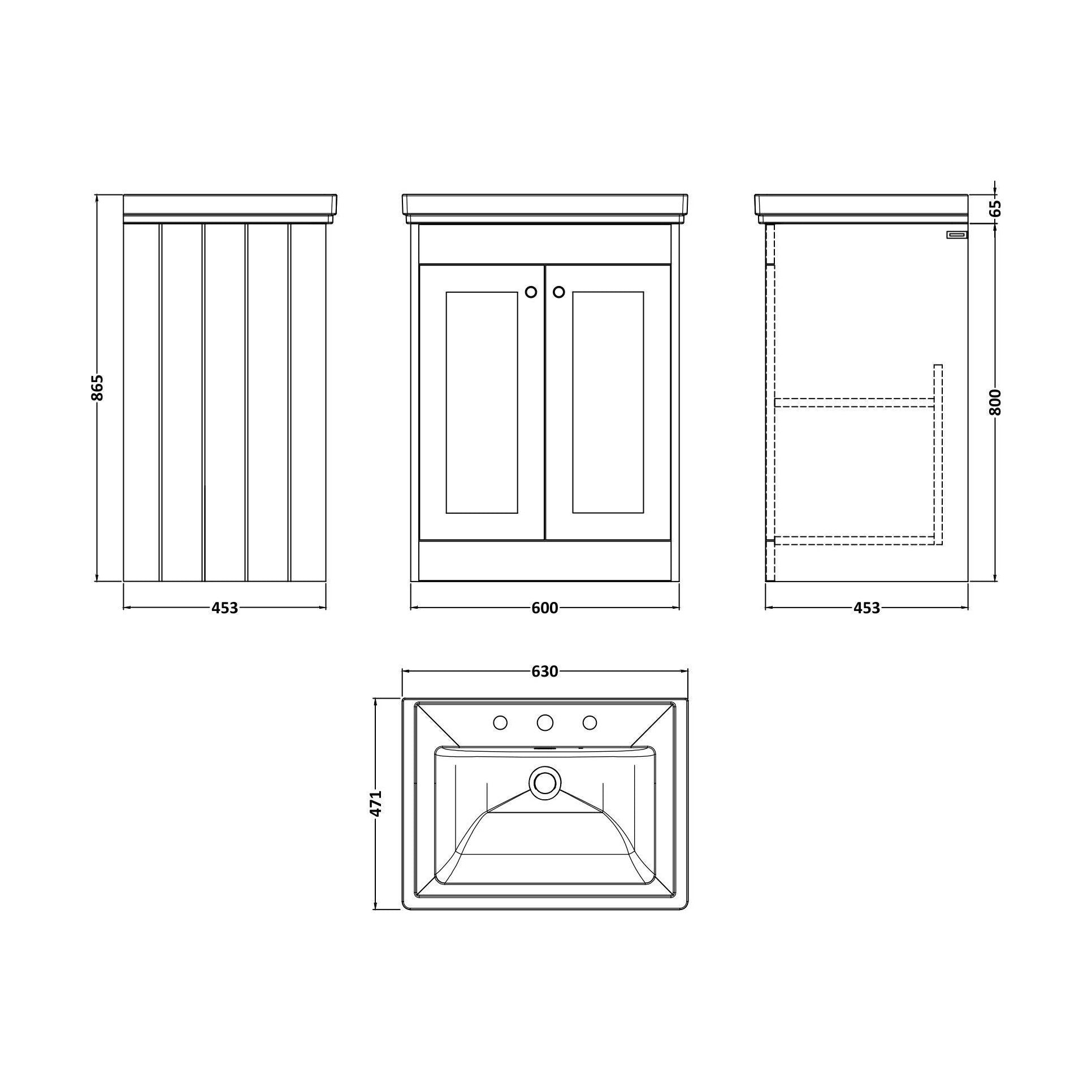 [BFHE825B] Balterley 600mm Floor Standing 2 Door Unit with Classic Basin 3 Tap Hole - Satin Green - Technical Drawing