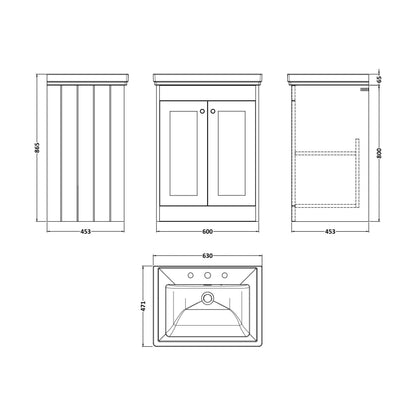[BFHE825B] Balterley 600mm Floor Standing 2 Door Unit with Classic Basin 3 Tap Hole - Satin Green - Technical Drawing