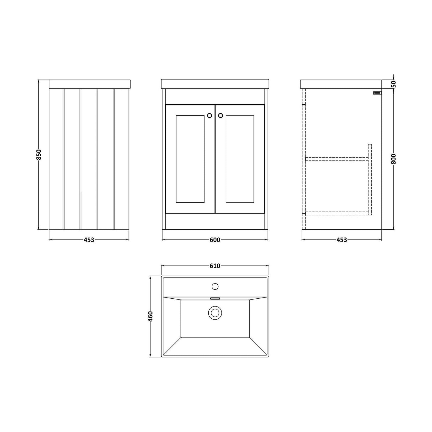 [BFHE825E] Balterley 600mm Floor Standing 2 Door Unit with Thin Edge Basin 1 Tap Hole - Satin Green - Technical Drawing