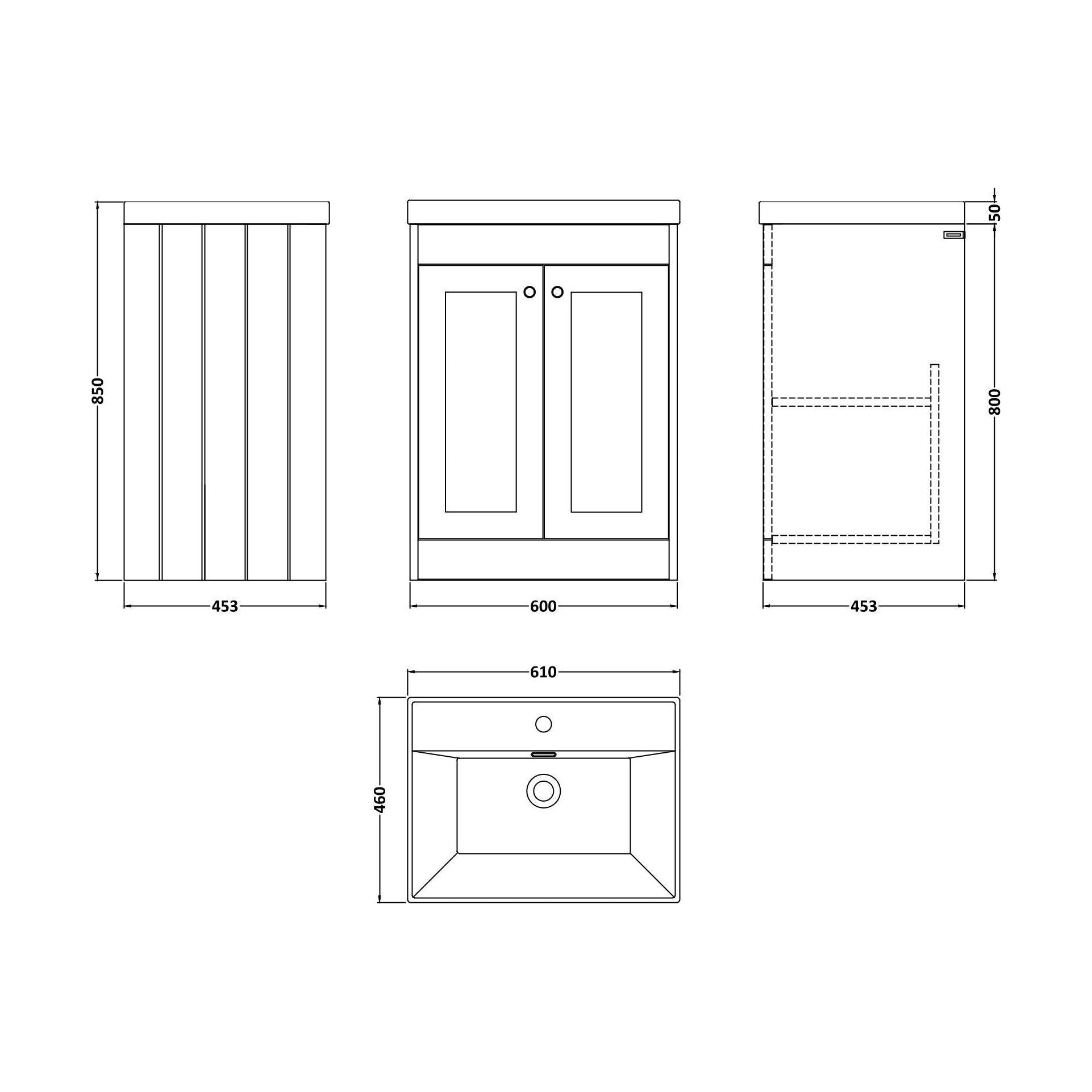 [BFHE825E] Balterley 600mm Floor Standing 2 Door Unit with Thin Edge Basin 1 Tap Hole - Satin Green - Technical Drawing