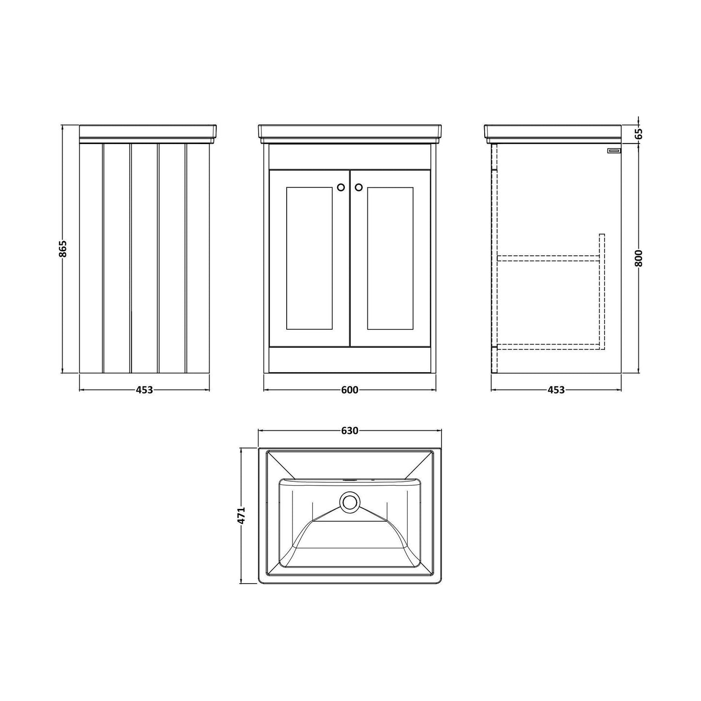 [BFHE825H] Balterley 600mm Floor Standing 2 Door Unit with Classic Basin No Tap Hole - Satin Green - Technical Drawing